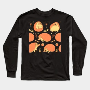 Hedgehogs Among the Flowers Pattern in Green and Orange Long Sleeve T-Shirt